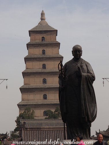 Statue of Buddhist monk Xuanzang, who oversaw the building of the Wild Goose Pagoda in the mid-7th century to house the scriptures and relics he brought back from India