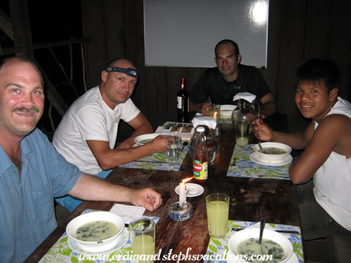 Dinner at Shiripuno Lodge: Craig,  Arturo, Felipe, and Ñame