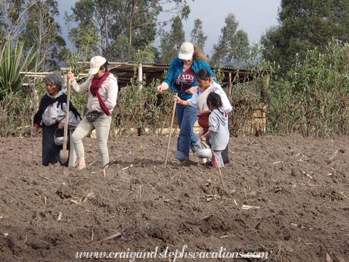Abuelita, Aida, Steph, Rosa, and Yupanqui planting corn and beans