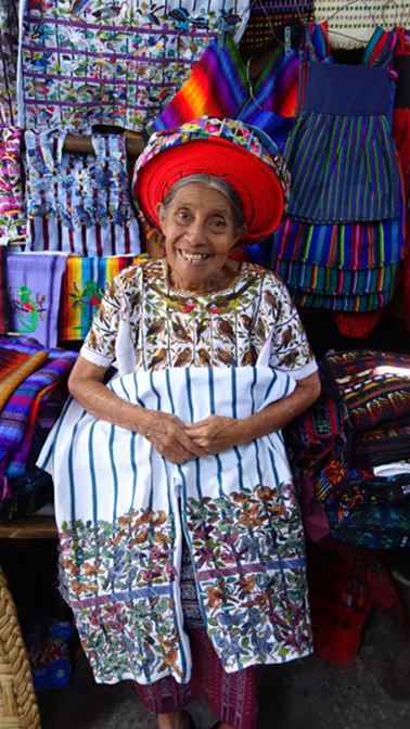 Tzutujil Maya woman showing traditional men's trousers of Santiago Atitlan