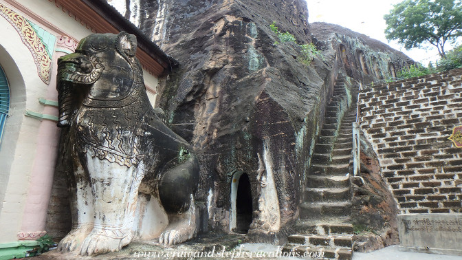Caves and a staircase carved from sandstone, Phowin Taung Hill