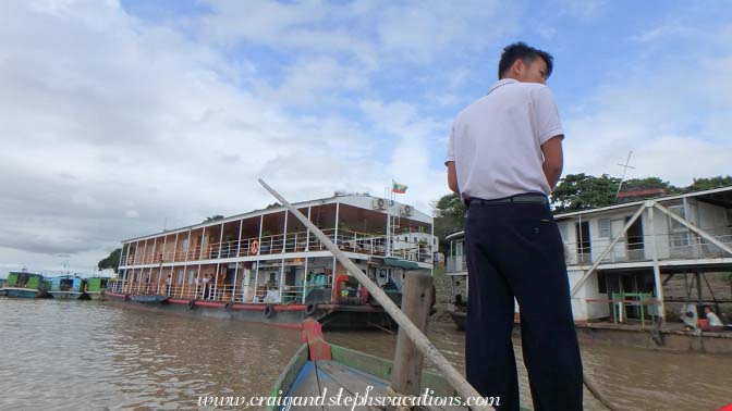 Approaching the RV Zawgyi Pandaw on the ferry
