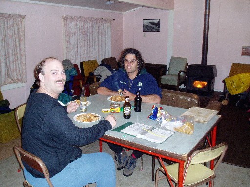 Craig and Stan eating dinner at the Borland Cabins