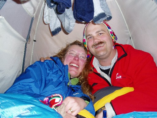 Steph and Craig in the tent with the socks
