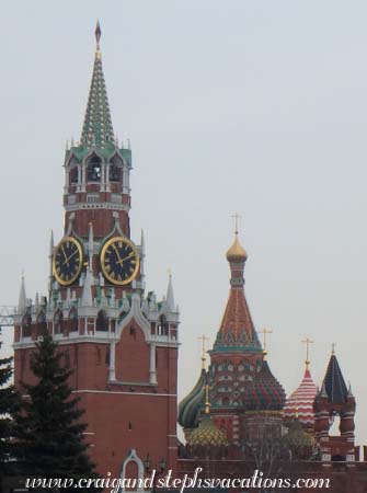 Spasskaya Clock Tower and St. Basil's Cathedral viewed from the Kremlin
