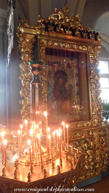 Replica of Our lady of Iberia icon, which bled when pierced with an arrow, and then was dumped into the sea. It is said that it was rescued from the sea intact, with the blood still on Mary's chin. Church of the Assumption, Novodevichy Convent