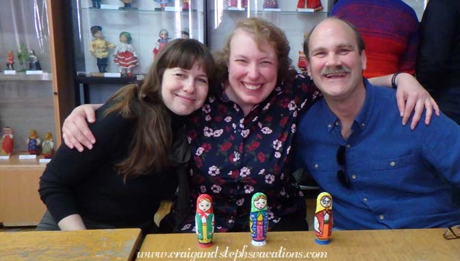 Three friends and our matryoshkas: Olga, Steph, & Craig taking a painting class at Sergiev Posad Toy Museum