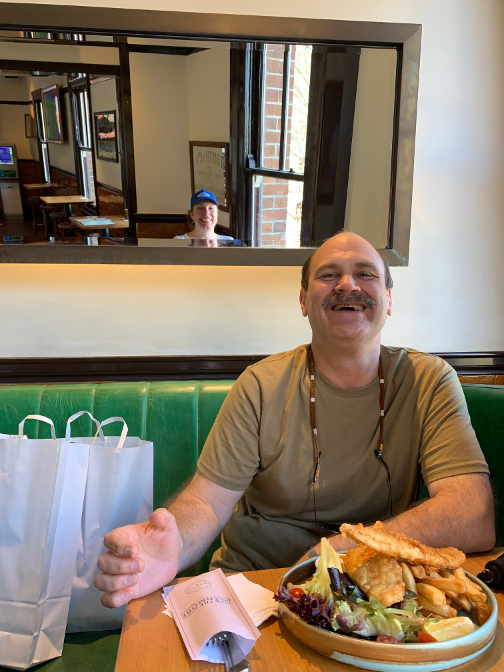 Fish and chips at Glenmore Hotel (Steph photobomb in mirror)