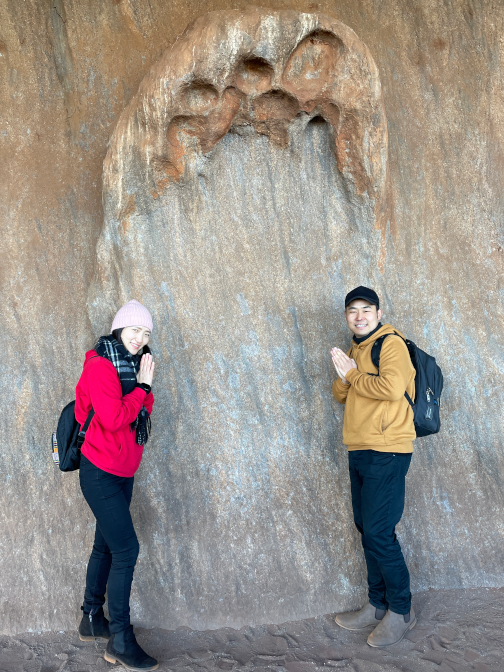 The Sonams with Guru Rinpoche's footprint, Kulpi Minymaku (kitchen cave)