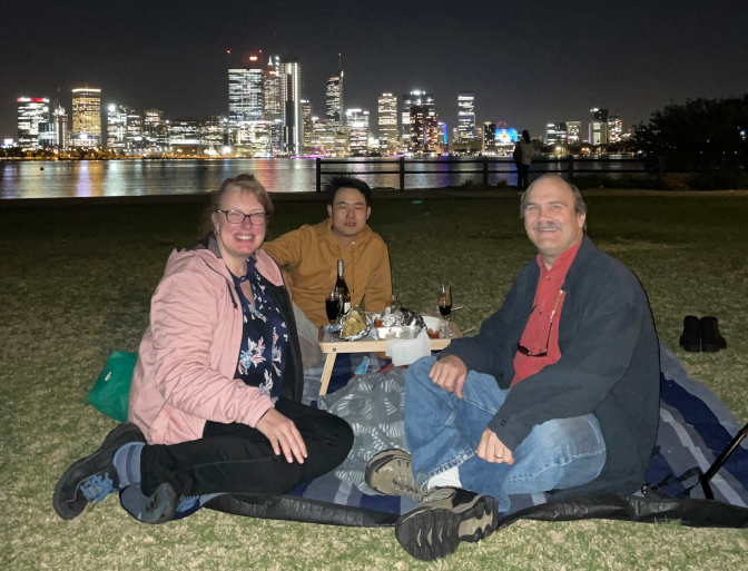 Steph, Sonam, and Craig picnicking at South Perth Esplanade