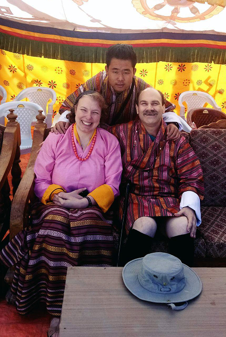 Steph, Sonam, and Craig ready to watch the tsechu Steph, Sonam, and Craig ready to watch the tsechu