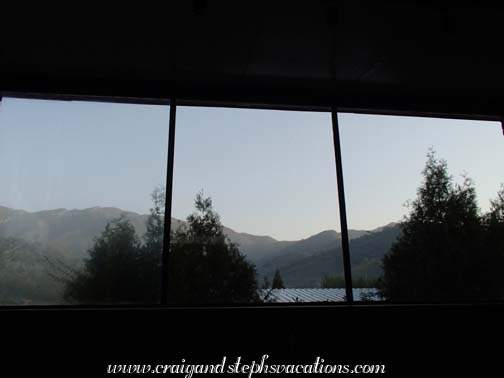 View up at the Great Wall from our bed at the Brickyard Hotel