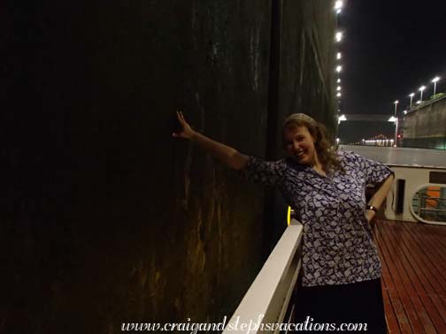 Reaching out to touch the wall of the lock - not much clearance on this side!