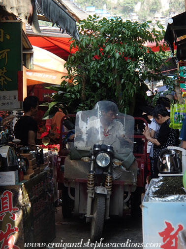 Wide load coming down a narrow alley at the Guiyang bird and flower market Wide load coming down a narrow alley at the Guiyang bird and flower market
