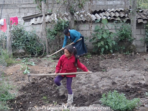 Sisa and Rosa hoe the garden