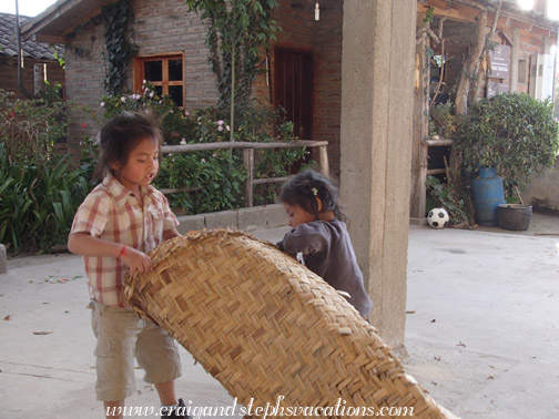 Yupanqui and Tayanta work together to construct a tunnel out of a tortora reed mat Yupanqui and Tayanta work together to construct a tunnel out of a tortora reed mat