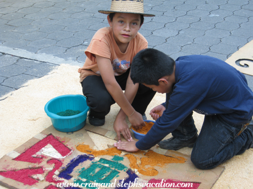 Boys help to make an alfombra, San Juan la Laguna Boys help to make an alfombra, San Juan la Laguna