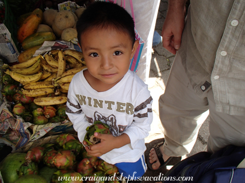 Eddy holds a pitaya at the market Eddy holds a pitaya at the market