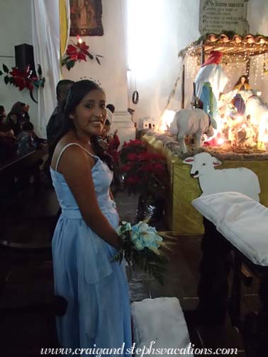 Yasmin in her special seat in the aisle of the church Yasmin in her special seat in the aisle of the church