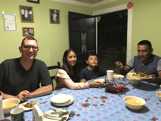 Dinner of delicious soup and fried wild mushrooms: Tyson, Aracely, Eddy, and Humberto
