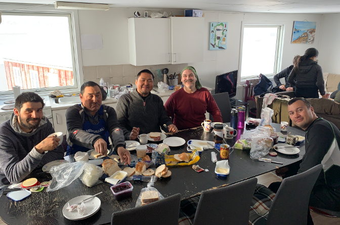 Breakfast in Tinit: Mathias, Sivert, Harald, Craig, and Egon