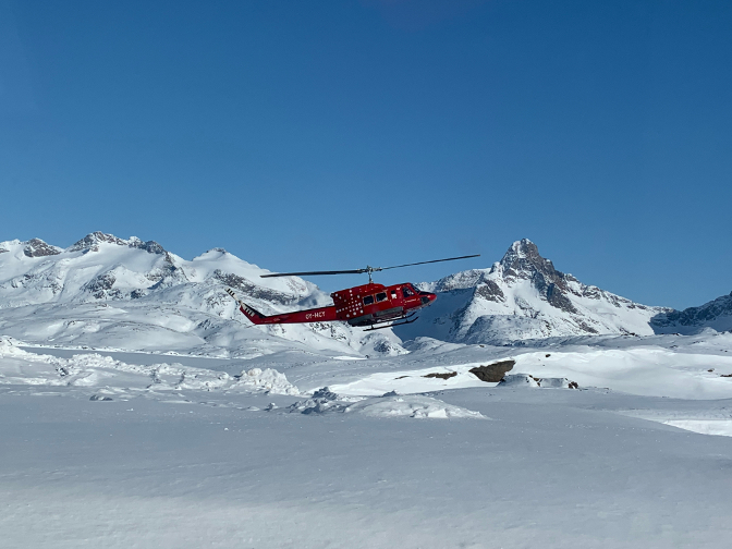 Our helicopter landing in Tasiilaq