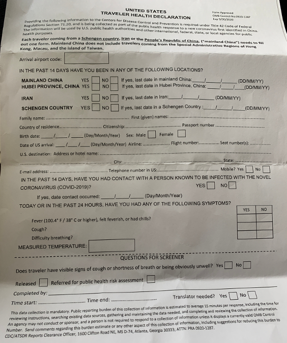 United States Traveler Health Declaration