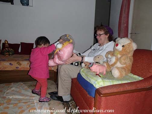 Sara loads Steph up with stuffed animals Sara loads Steph up with stuffed animals