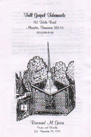 Scan of bulletin from Full Gospel Tabernacle
