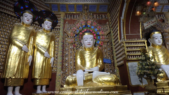 Every surface in Thanboddhay Pagoda is lined with tiny white Buddhas
