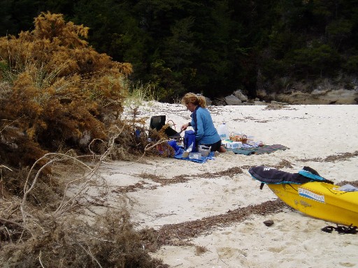 Julie cooking lamb fajitas on the beach