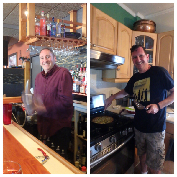 In their element: David bartending and Tyson preparing a breakfast quiche