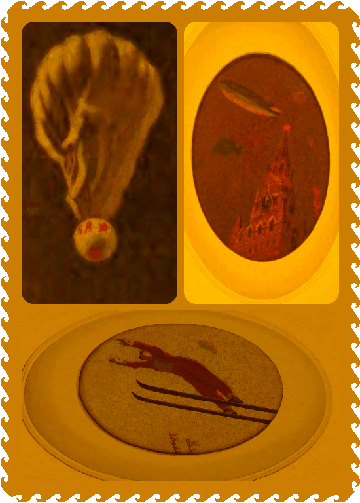 Three of the ceiling mosaics at Mayakovskaya Metro Station: Sputnik, a zeppelin moored at Red Square, and a ski jumper Three of the ceiling mosaics at Mayakovskaya Metro Station: Sputnik, a zeppelin moored at Red Square, and a ski jumper