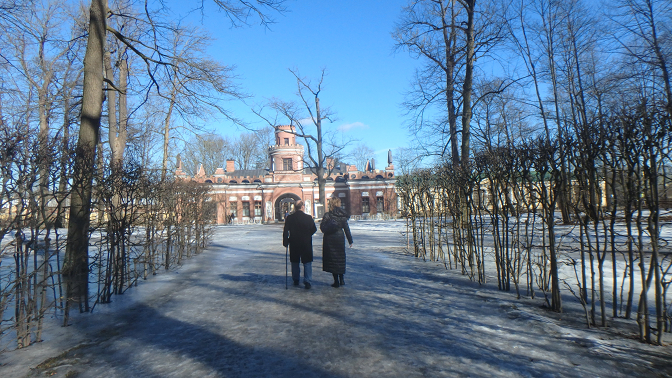 Tamara and Craig exit the gardens toward the Hermitage Kitchen