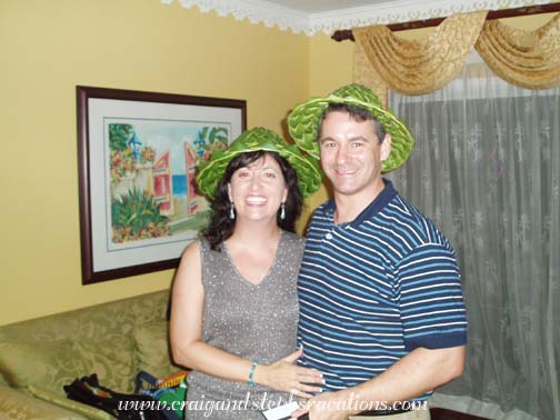 Karen and Tom in their 'fish hats' Karen and Tom in their 'fish hats'